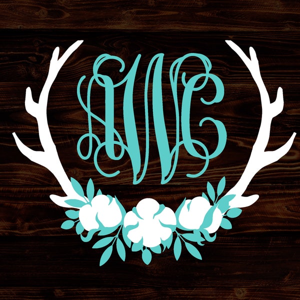 2 Color Vine Antler Cotton Bloom Wreath Monogram Decal, Custom Monogram Vinyl Sticker, Monogram Gifts, Car Decal, Gift for Her, Gift for Mom