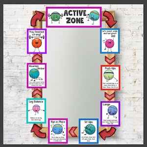 May include: A colorful chart with illustrations of different exercises for kids. The chart is titled "Active Zone" and includes exercises like mountain climber, leg balance, run in place, sit-ups, push-ups, and lunge.