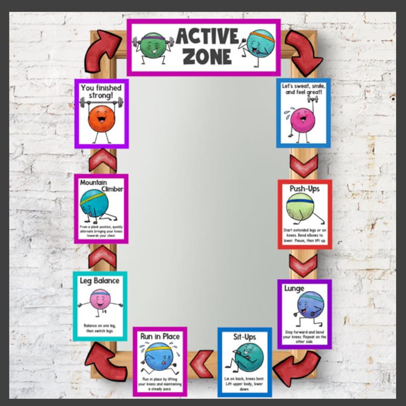 May include: A colorful chart with illustrations of different exercises for kids. The chart is titled "Active Zone" and includes exercises like mountain climber, leg balance, run in place, sit-ups, push-ups, and lunge.