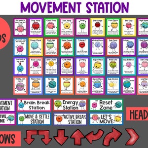 May include: A set of 40 colorful cards with illustrations of cartoon characters performing different exercises. The cards are labeled with the name of the exercise, such as "Frog Jump", "Chest Press", and "Star Jump". The cards are designed for a movement station in a classroom or gym.
