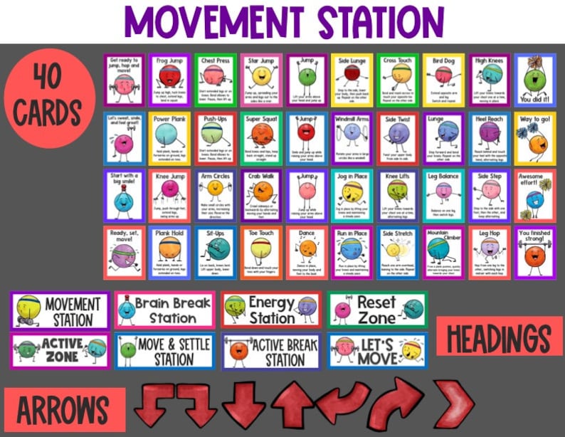 May include: A set of 40 colorful cards with illustrations of cartoon characters performing different exercises. The cards are labeled with the name of the exercise, such as "Frog Jump", "Chest Press", and "Star Jump". The cards are designed for a movement station in a classroom or gym.
