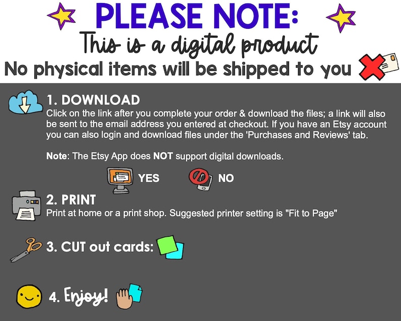 May include: Instructions for a digital product, detailing how to download, print, and cut out cards. The text is in white and black on a grey background, with colourful illustrations and star accents.