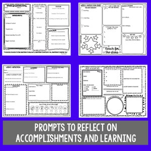 May include: Black and white printable worksheets with prompts for students to reflect on their accomplishments and learning. The worksheets include sections for highlights, gratitude, learning, and challenges.
