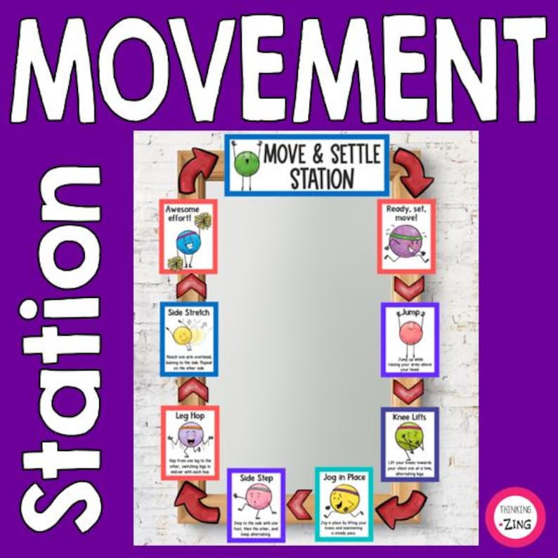 May include: A colorful classroom movement station with a mirror and cards featuring different exercises. The cards have illustrations of a person doing each exercise and include the text "Move & Settle Station", "Awesome effort!", "Ready, set, move!", "Side Stretch", "Leg Hop", "Side Step", "Jog in Place", "Jump", and "Knee Lifts".