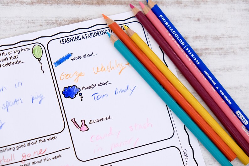 May include: A white sheet of paper with a handwritten list of things learned and explored during the week. The list includes "wrote about... George Washington", "thought about... Tom Brady", and "discovered... candy stash in pantry".  The paper is on a white wooden surface with five colored pencils on top of it.