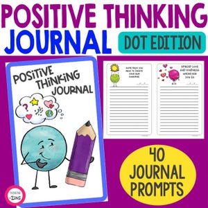 Puede incluir: Una portada de diario imprimible colorida con un planeta de dibujos animados sosteniendo un lápiz morado. La portada dice "Diario de pensamiento positivo" y el texto "40 indicaciones para el diario" está en un cuadro amarillo debajo de la portada.
