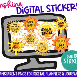 110 Digital Stickers Sunshine Theme: Inspirador, Encouragement, y COMPLIMENT PNGs para iPad, Planificadores Digitales, Diarios y Cuadernos