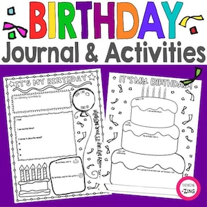 May include: Two black and white printable worksheets for kids to celebrate their birthday. The first worksheet features a birthday cake with candles and space for writing about their birthday. The second worksheet features a balloon and space for writing about their birthday wishes.