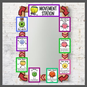 May include: A colorful chart with illustrations of cartoon characters performing different exercises. The chart is titled "Movement Station" and includes exercises like "Windmill Arms", "Cross Touch", "Jump", "Super Squat", "Chest Press", and "Star Jump".