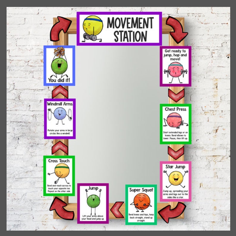 May include: A colorful chart with illustrations of cartoon characters performing different exercises. The chart is titled "Movement Station" and includes exercises like "Windmill Arms", "Cross Touch", "Jump", "Super Squat", "Chest Press", and "Star Jump".