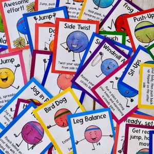 May include: Colorful cards with illustrated characters and text, such as "Star Jump", "Side Twist", "Bird Dog", and "Leg Balance". The cards are designed for a physical activity game or exercise routine.