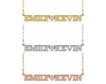 14K Yellow, White, or Rose Gold and Diamond Couples Nameplate Necklace