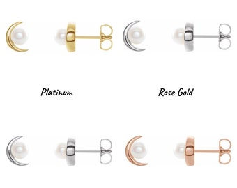 14K Yellow / White / Rose Gold or Platinum and Cultured Freshwater Pearl Crescent Moon Earrings