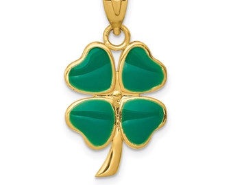 May include: A gold four-leaf clover pendant with green enamel. The pendant has a bail for attaching to a chain.