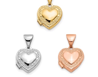 14k Yellow, White, or Rose Gold Engravable Small Heart-Shaped Scrolled Locket