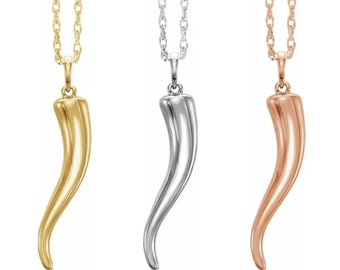 Solid 14K Yellow, White, or Rose Gold Italian Horn Necklace
