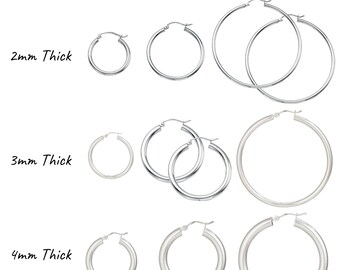14K White Gold Polished Hoop Earrings, 2mm-4mm Thick, 15mm-55mm Diameter