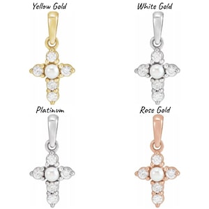 14K Yellow / White / Rose Gold or Platinum Cultured Pearl & Diamond Cross Pendant or Necklace