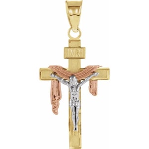 Solid 14K Yellow, White, & Rose Gold Crucifix Pendant