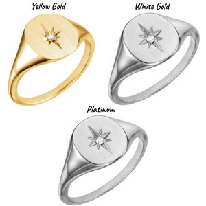 14K Yellow / White Gold or Platinum and Diamond Oval Starburst Signet Ring