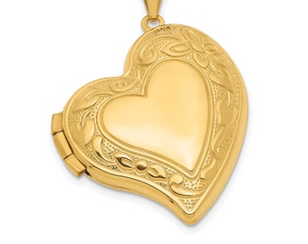 14K Yellow Gold Engravable Heart Shape Locket with Cute and Fancy Design and Floral Border