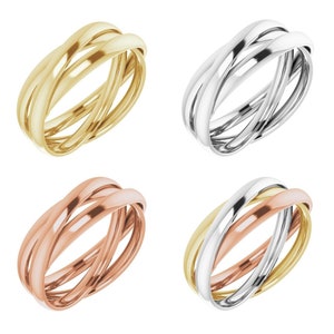 14K Yellow, White, or Rose Gold Three Band Rolling Ring