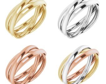 Anillo de tres bandas de oro amarillo, blanco o rosa de 14 quilates