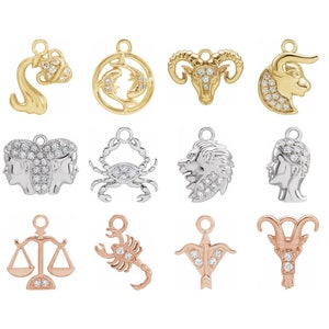 14K Yellow, White, or Rose Gold and Diamond Small Zodiac Dangle