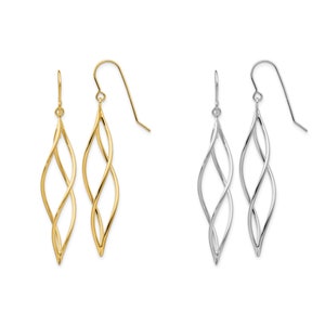 Boucles d’oreilles Long Twisted Dangle polies en or jaune ou blanc 14K