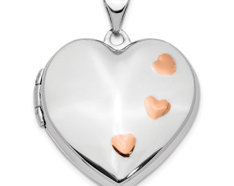 14K White and Rose Gold Engravable Heart Shape Locket with Cute Pink Hearts Design