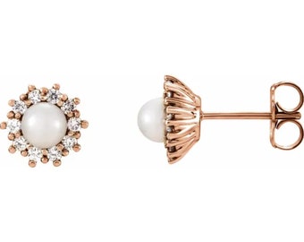 Solid 14K Yellow, White, or Rose Gold Freshwater Pearl Diamond Earrings