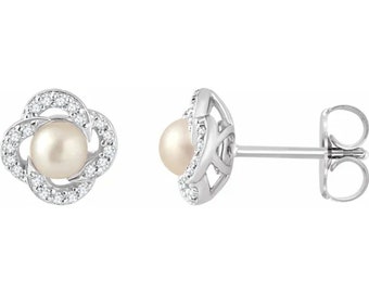 Solide 14K Witgouden Zoetwater Parel diamanten oorbellen