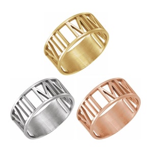 14K Yellow, White, or Rose Gold Pierced Roman Numeral Date Ring