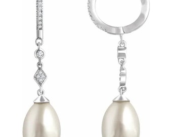 Solid 14K White Gold Freshwater Pearl Diamond Earrings