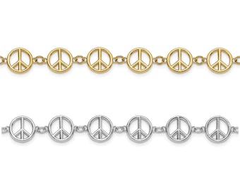 Solid 14K Yellow or White Gold Peace Sign 7.5" Bracelet