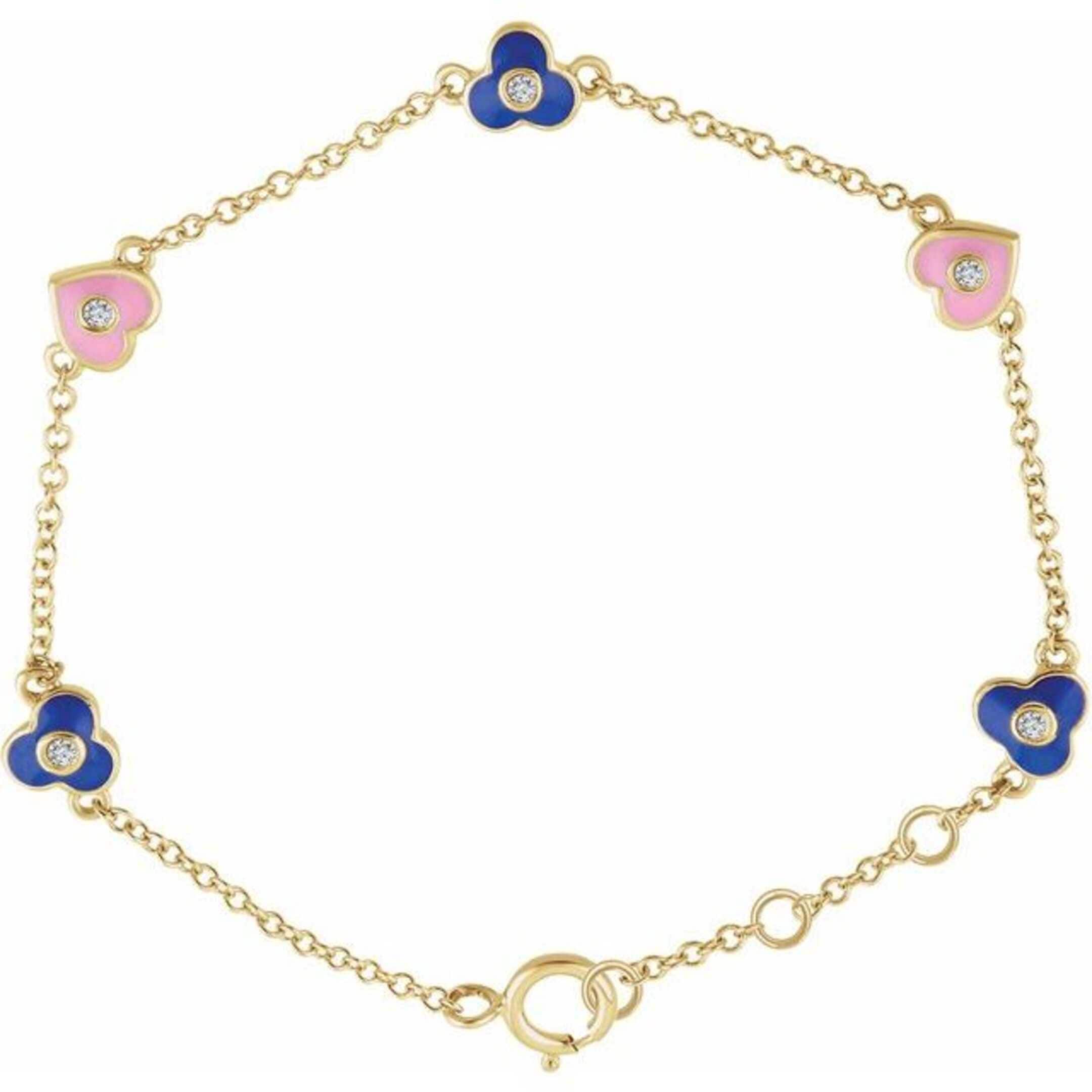 14K Yellow Gold and Diamond Adjustable Flowers and Hearts Bracelet