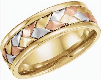 Banda tejida tricolor de oro amarillo, blanco y rosa de 14K