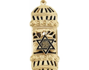 14K Yellow Gold Mezuzah Pendant with Shema Written on Parchment Included
