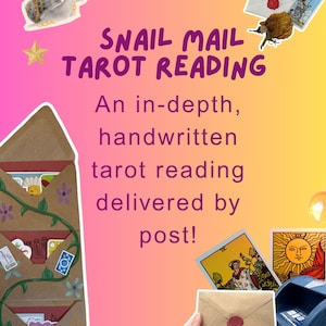 May include: A digital graphic with a pink and yellow gradient background featuring the text SNAIL MAIL TAROT READING. It includes illustrations of a snail, a tarot card, a dried flower, a brown envelope with vine art, and a blue mailbox.