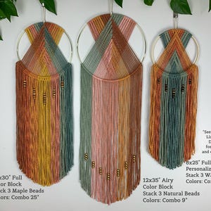 May include: Three circular macrame wall hangings featuring geometric patterns in muted tones of sage green, terracotta, mustard yellow, and dusty pink. Each piece incorporates wooden beads and long fringe, with text labels detailing dimensions like 10x30 inches and 12x35 inches.