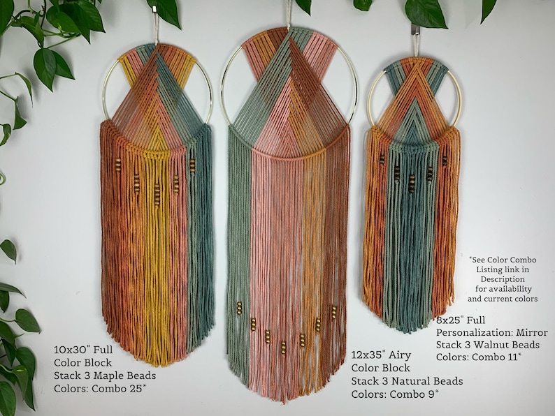 May include: Three circular macrame wall hangings featuring geometric patterns in muted tones of sage green, terracotta, mustard yellow, and dusty pink. Each piece incorporates wooden beads and long fringe, with text labels detailing dimensions like 10x30 inches and 12x35 inches.