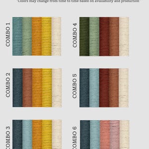Pode incluir: Uma tabela de cores exibindo seis combina&ccedil;&otilde;es distintas de quatro fios de corda verticais cada. O texto diz: Color Combo Options, Updated 7.25.26, Please see Custom Listing to choose your own colors. Link is in Item Details. Colors may change from time to time.