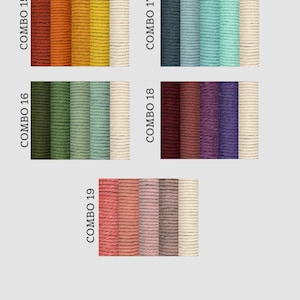 Pode incluir: Uma tabela de cores intitulada Color Combo Options atualizada em 7.25.26, exibindo cinco conjuntos de quatro amostras de corda torcida vertical em v&aacute;rios tons, incluindo ferrugem, amarelo, creme, azul, verde, roxo e rosa, rotulados de Combo 15 a 19.
