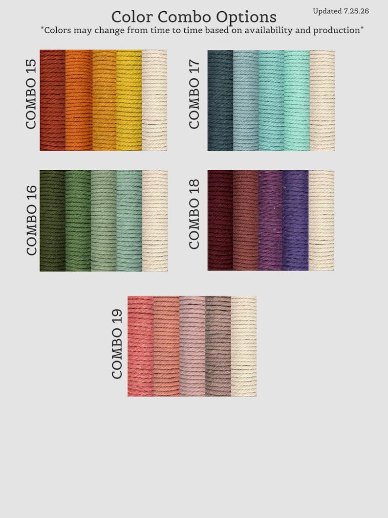 Pode incluir: Uma tabela de cores intitulada Color Combo Options atualizada em 7.25.26, exibindo cinco conjuntos de quatro amostras de corda torcida vertical em v&aacute;rios tons, incluindo ferrugem, amarelo, creme, azul, verde, roxo e rosa, rotulados de Combo 15 a 19.