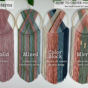 May include: Four macrame wall hangings on circular wooden hoops, labeled Patterns: Solid, Mixed, Color Block, and Mirror. Each features cotton cord in various colors, with some including small wooden beads. Text includes HOW TO ORDER.