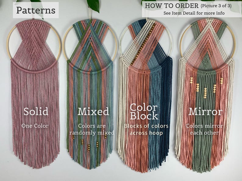 May include: Four macrame wall hangings on circular wooden hoops, labeled Patterns: Solid, Mixed, Color Block, and Mirror. Each features cotton cord in various colors, with some including small wooden beads. Text includes HOW TO ORDER.