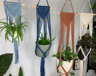 May include: Four macrame plant hangers in light blue, dark blue, terracotta, and cream, each suspended from a wooden dowel. The hangers feature intricate knotted patterns, with the blue and cream versions accented by wooden beads.