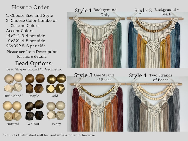Pode incluir: Um guia de tape&ccedil;aria em macram&eacute; mostrando quatro estilos com diferentes quantidades de contas e combina&ccedil;&otilde;es de cores. O texto inclui How to Order, Bead Options e tamanhos em polegadas. Contas de madeira redondas e geom&eacute;tricas.