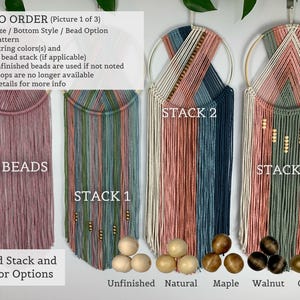 May include: Four macrame wall hangings on circular hoops with varying cord colors and bead arrangements. Text includes HOW TO ORDER, NO BEADS, STACK 1, STACK 2, STACK 3, and bead color options labeled Unfinished, Natural, Maple, Walnut, and Gold.
