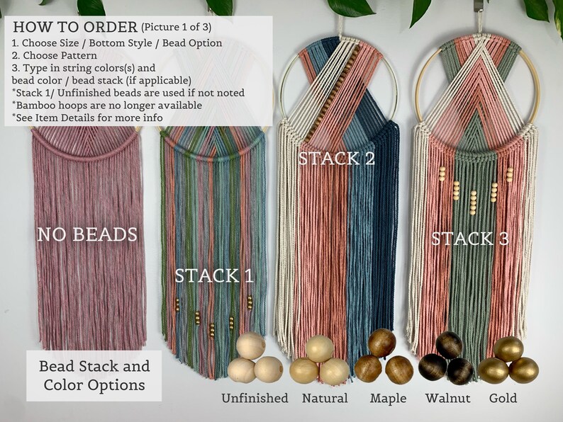May include: Four macrame wall hangings on circular hoops with varying cord colors and bead arrangements. Text includes HOW TO ORDER, NO BEADS, STACK 1, STACK 2, STACK 3, and bead color options labeled Unfinished, Natural, Maple, Walnut, and Gold.